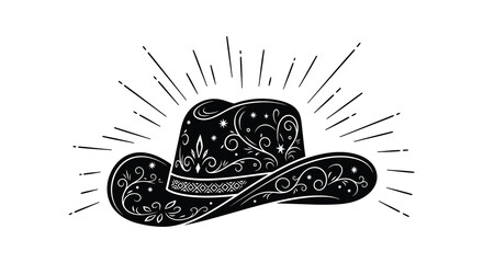 An intricately decorated cowboy hat is prominently displayed against a white background with radiating lines a striking silhouette © Jahid