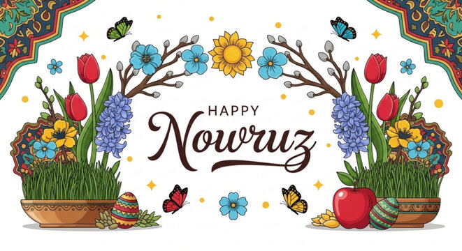 Happy nowruz greeting card with floral wreath and potted plants