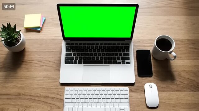 Laptop computer with green screen smartphone and coffee cup on wooden desk