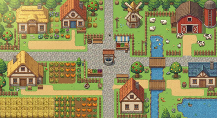 Naklejka premium Farming Village with Market Tent – Top-Down Pixel Art Fantasy RPG Map, 2D Game Environment, Tile-Based Level Design, Cute Colorful Indie Style, Medieval Adventure Setting, Clean Walkable Paths