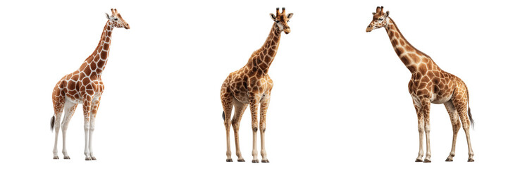 Obraz premium Three giraffes with distinct poses and patterns isolated on a transparent background