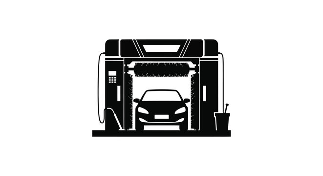A stark black graphic depicts a car wash structure with a vehicle passing through creating a bold silhouette