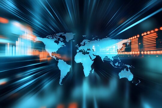 Worldwide telecommunication infrastructure concept featuring stylized digital map with blue glowing lines and fast moving data signals symbolizing international business and cloud computing systems