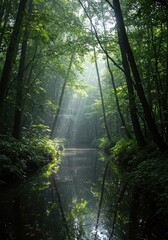 Obraz premium An ethereal natural landscape featuring dazzling, reflective light dancing across wet surfaces, evoking a dreamlike forest environment ,atmospheric ,nature ,tranquil