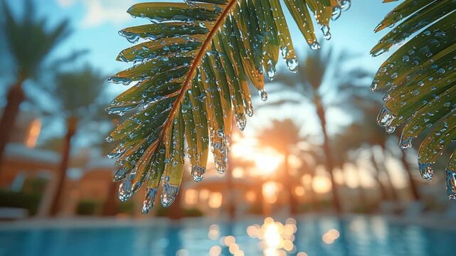 Water droplets adorn a palm leaf, framing a tranquil poolside scene at sunset.