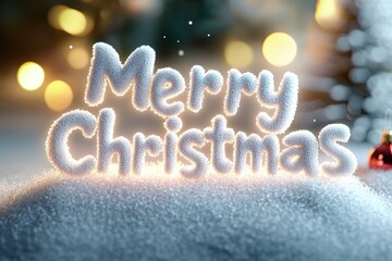 Fototapeta premium Glowing merry christmas sign on snowy background with festive lights