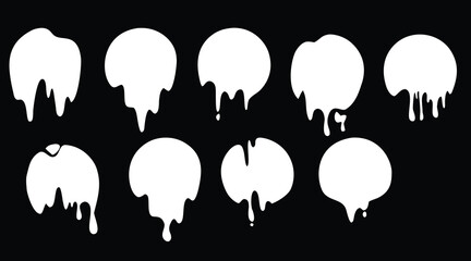 White dripping paint shapes on black background in silhouette style. Liquid drip blobs and melting splashes for creative design. Abstract fluid elements for modern graphic projects.