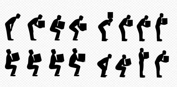 Proper and improper lifting techniques for safety and injury prevention in the workplace.