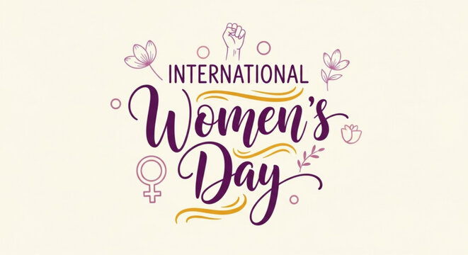 International women's day celebration logo with purple text and floral elements