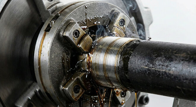 Industrial lathe machine cutting threads on metal pipe with coolant smoke