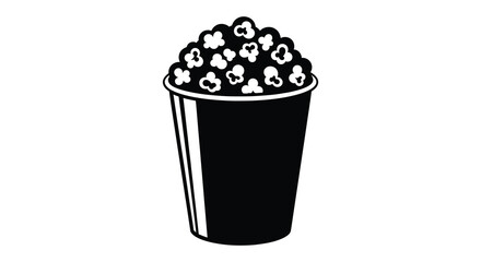 A black and white illustration depicts a full container of popcorn showcasing a classic movie snack silhouette © Jahid
