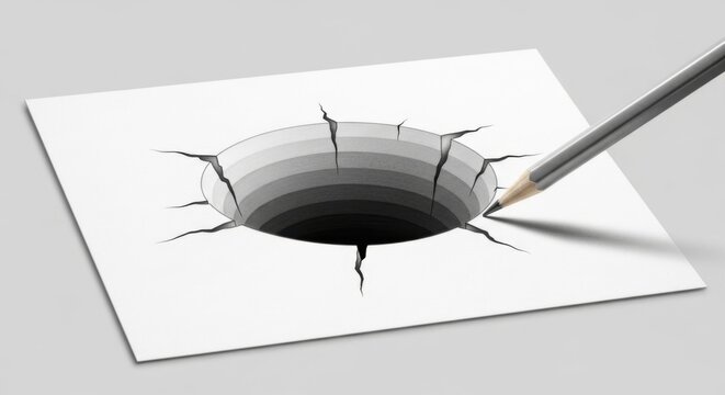 3D Pencil Drawing of a Hole Breaking Through Paper Illusion