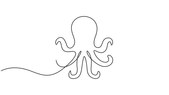 Animated self drawing of single continuous line draw giant octopus for aquarium world logo identity. Legendary kraken animal mascot concept for aquatic show icon. Full length one line animation.