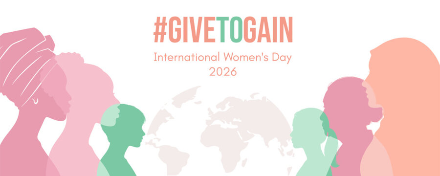 Hashtag give gain to international Womens Day 2026 banner template. Female silhouettes of different nationalities and world map.