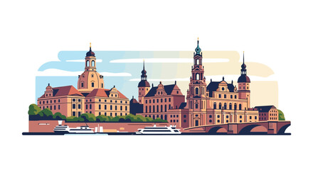 Fototapeta premium Dresden Skyline Vector Illustration with Historical Buildings and River.