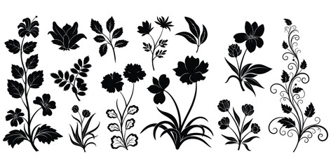 Collection of black and white stylized floral silhouettes showcasing various botanical elements including distinct flowers simple leaves and elegant swirling vine designs suitable for decoration