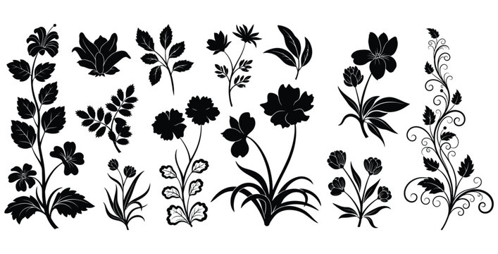 Collection of black and white stylized floral silhouettes showcasing various botanical elements including distinct flowers simple leaves and elegant swirling vine designs suitable for decoration