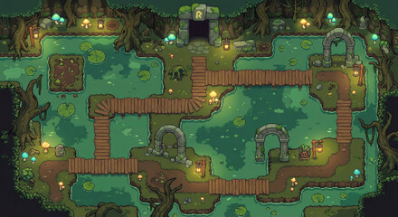 Fototapeta premium Swamp Temple Entrance 06 – Top-Down Pixel Art Fantasy RPG Map, 2D Game Environment, Tile-Based Level Design, Cute Colorful Indie Style, Medieval Adventure Setting, Clean Walkable Paths