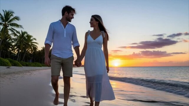 Cinematic slow-shutter sequence of a man chasing, lifting, and spinning his partner in a romantic, dreamlike moment on the beach. Highlights love, joy, and connection during a tropical sunset getaway.