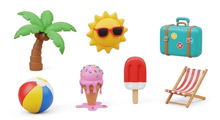 A collection of 3D summer holiday objects including a palm tree, sun, suitcase, and ice creams.