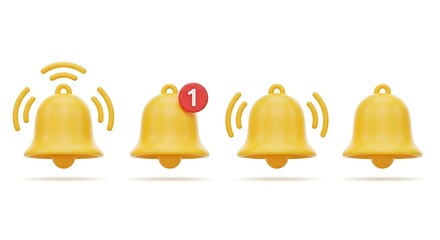 A sequence of four 3D golden notification bells, one with a new message, rings on white.