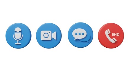 Modern 3D circular video call buttons for microphone, camera, chat, and ending call.