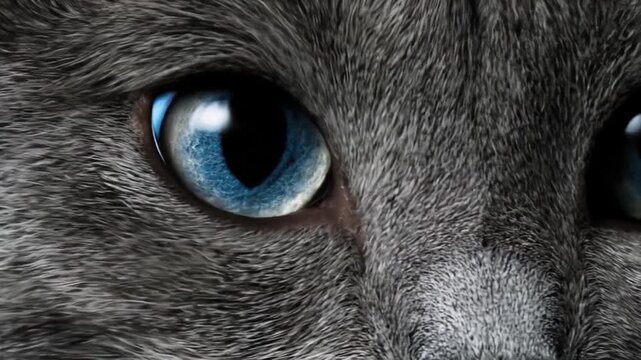 Intense gaze of blue eyed grey cat closeup detail background