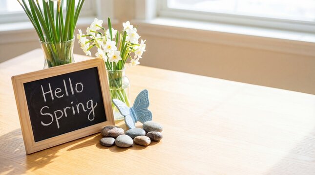 Hello Spring message on a chalkboard with white daffodils and a blue butterfly. Seasonal home decor on a wooden table. Bright indoor still life
