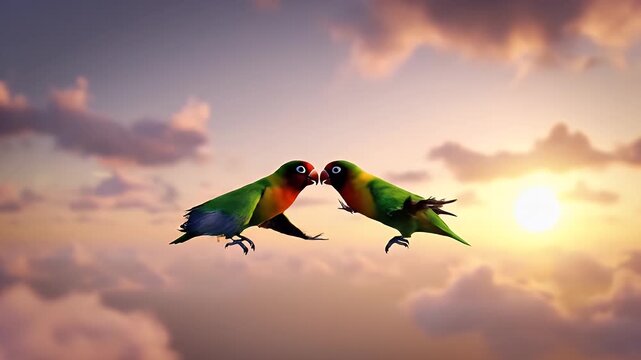 Two Lovebirds Forming Heart Shape - Two lovebirds perch in front of a sunset, their tails forming a heart shape. The soft colors of the sky create a romantic backdrop for the birds.