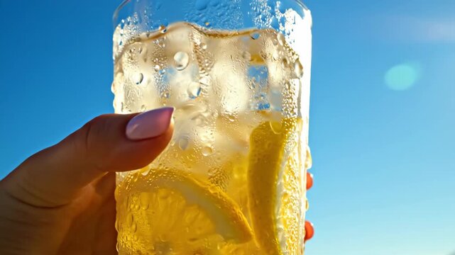 Close-up of a hand holding a cold glass of lemonade with ice and lemon slices. Refreshing summer beverage against a bright blue sky with sun flare