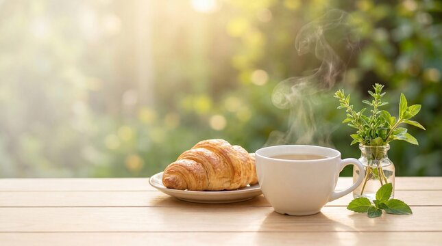 Hot steaming tea and croissant on a wooden table outdoors. Morning breakfast in a sunlit garden. Fresh mint and pastry on a patio