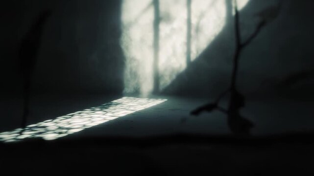 Beams of sunlight pierce a foggy, dark room, creating geometric patterns on the floor and highlighting the ethereal atmosphere with a sense of mystery and hope