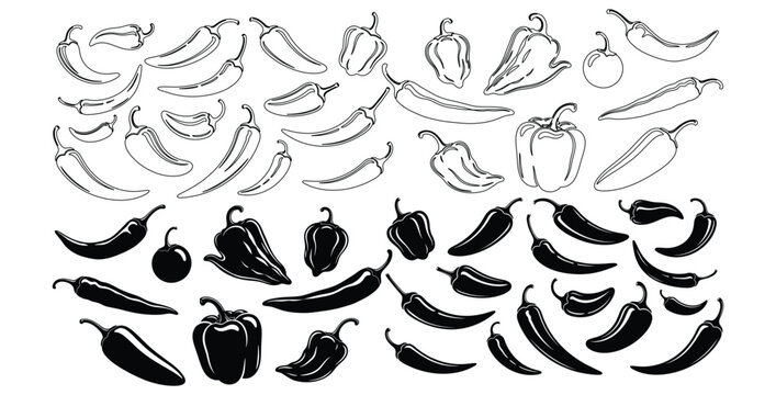 Collection of various chili pepper illustrations showcasing outline drawings and solid black silhouettes representing different spicy varieties for design elements