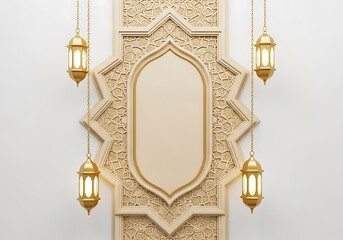 Traditional Islamic architectural ornament with hanging golden lanterns and empty space for text