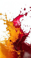 Dynamic splash of colorful liquids creates a vibrant visual effect with orange and red hues against a clean white background, showcasing fluid motion and dynamic energy.