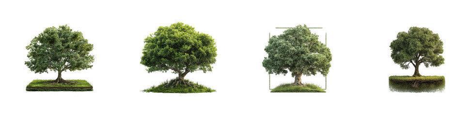 Obraz premium Four lush green trees with dense foliage in different growth stages isolated on transparent background