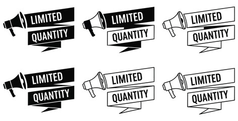 Fototapeta premium Collection of six bold graphic icons featuring a megaphone announcing limited quantity on sale banners for marketing and promotional announcements