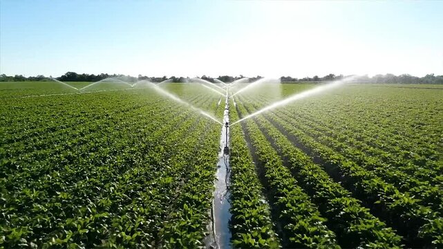 Irrigation of crops overhead sprinklers watering rows of green plants under sunlight