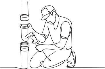 Man repairing pipes on the floor, kneeling with tools in hand, viewed from the side in a simple line art style © rs_studios