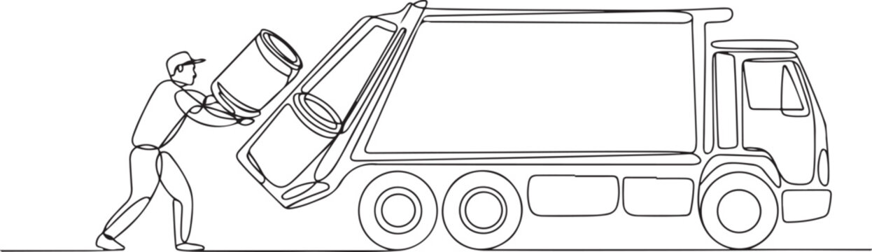 Single continuous line drawing trash man is preparing to lift the trash can into the back of the dump truck. Work with dedication. To keep the environment clean. one line Icon drawing
