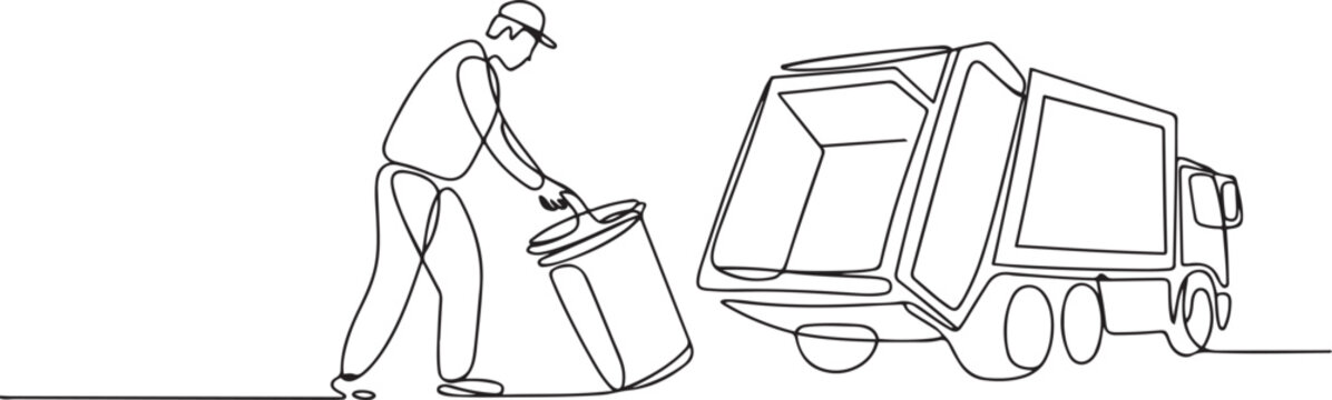 Single continuous line drawing trash man is preparing to lift the trash can into the back of the dump truck. Work with dedication. To keep the environment clean. one line Icon drawing
