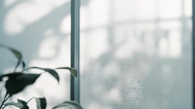 Green plant leaves in soft focus creating a natural foreground element with sunlight casting diffuse shadows on a textured frosted glass background, conveying ideas of privacy and tranquility