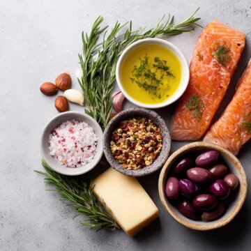 Balanced flexitarian Mediterranean diet ingredients, healthy lifestyle background