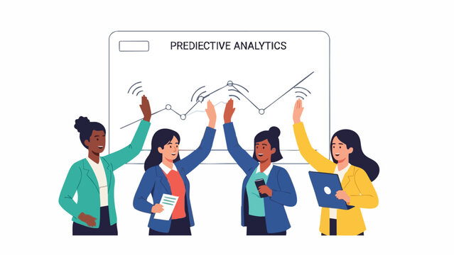 Diverse female leadership team celebrates successful KPI projection using advanced predictive analytics data