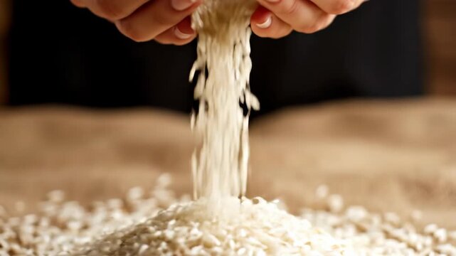 Close-up of hands pouring uncooked white rice in slow motion. Grains falling onto a textured surface. Food preparation and agriculture concept