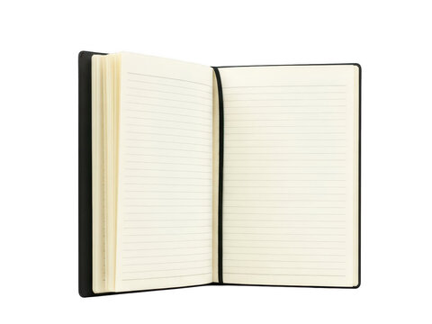 Open notebook with blank pages and black cover isolated on transparent background