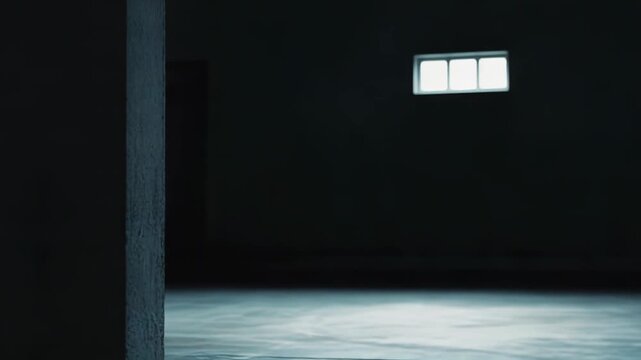 Empty concrete room featuring a stark column and a dimly lit floor, creating a mysterious and ominous atmosphere with deep shadows and abstract texture