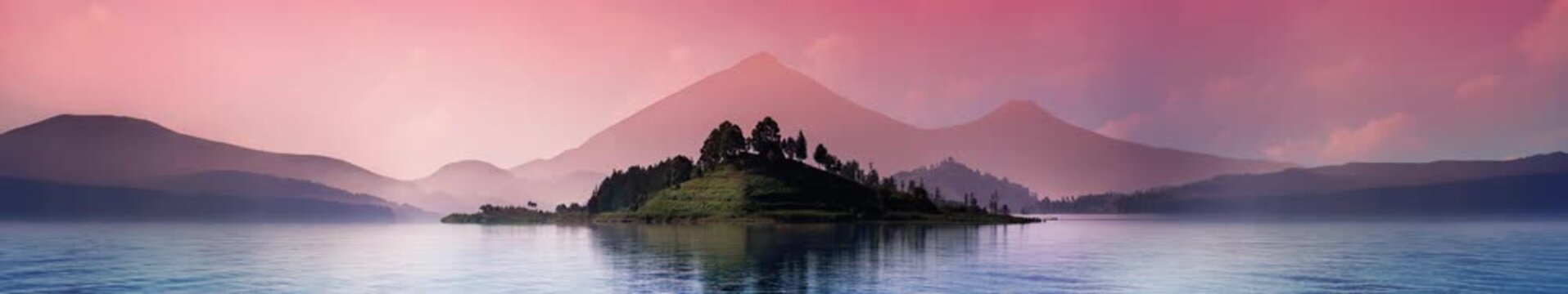 Cinematic panorama of a tranquil lake with an island and misty mountains at sunrise or sunset. Dreamy pastel sky | widescreen | looped animation