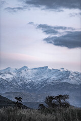 Snow covered White Mountains under dramatic winter sky, Crete