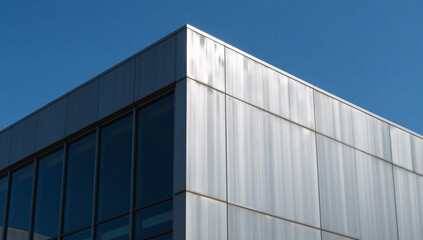 Modern building corner with silver metal panels and large glass windows against a clear blue sky showcasing contemporary architecture and urban design